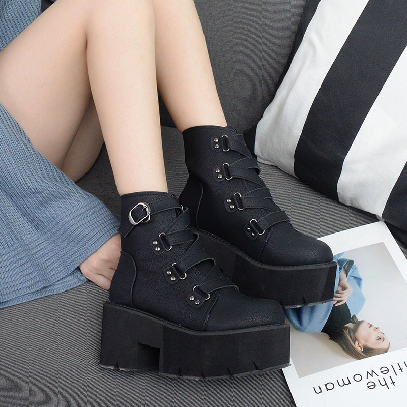 Goth Boots Women Platform Ankle Rubber Sole Buckle Black PU Punk Rock Style Spring Autumn Shoes - HARD'N'HEAVY