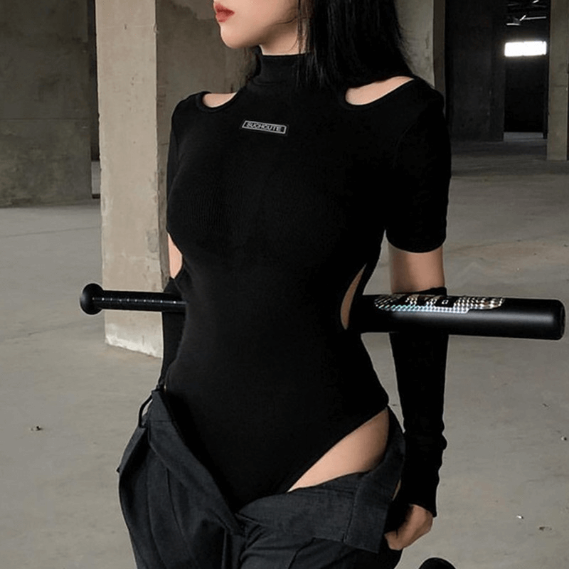 Goth Dark Cut Out Bodysuit With Gloves / Punk Style Women's Sexy Bodysuits
