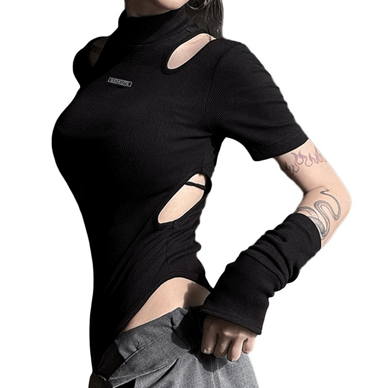 Goth Dark Cut Out Bodysuit With Gloves / Punk Style Women's Sexy Bodysuits