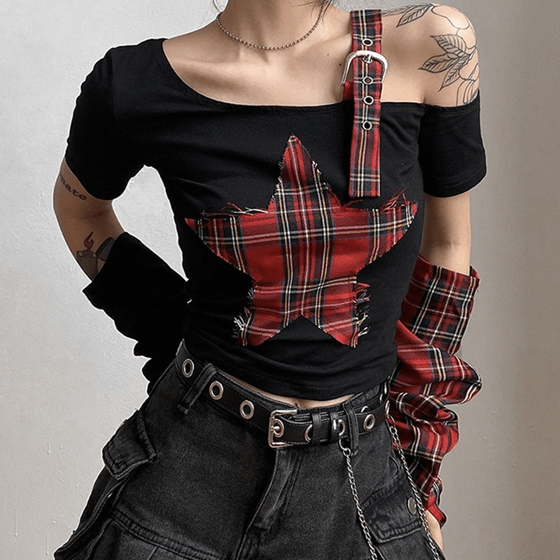 Goth dark pentagram patchwork one-shoulder t-shirt with plaid design for grunge style lovers.