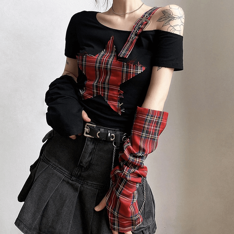 Goth grunge one-shoulder t-shirt featuring a patchwork pentagram design and plaid accents for a trendy look.
