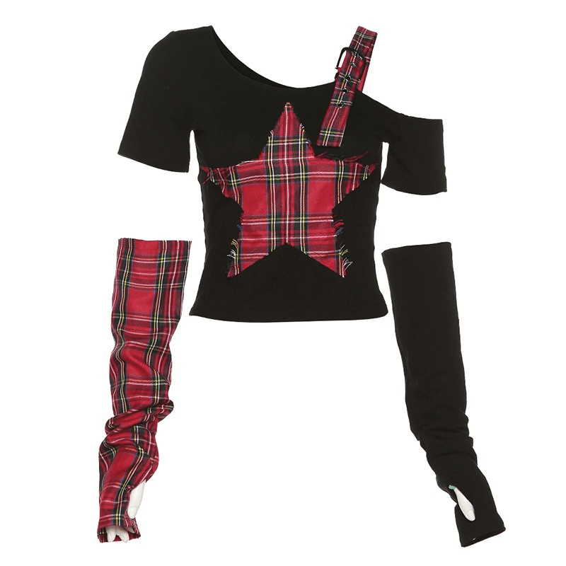 Goth one shoulder t-shirt with patchwork star design and plaid long sleeves for a grunge style vibe.