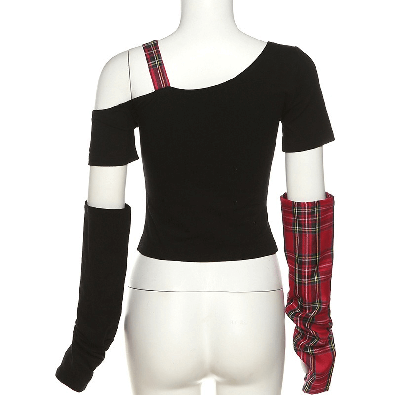 Back view of a black patchwork one-shoulder grunge t-shirt with plaid sleeves and stylish design.