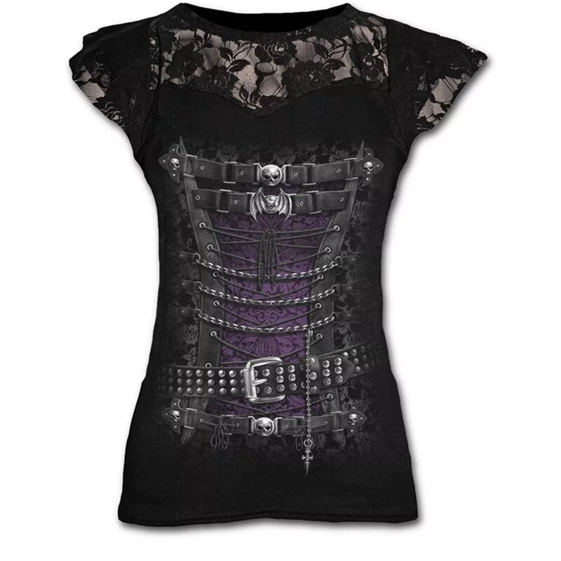 Gothic lace black t-shirt for women featuring a bold corset graphic design and elegant lace sleeves.