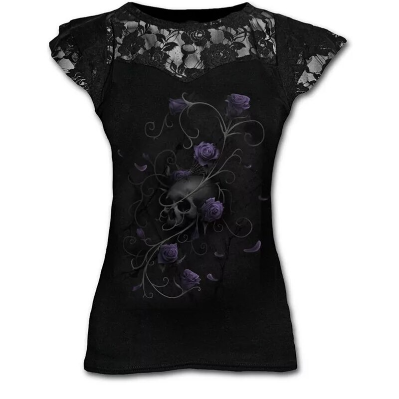 Goth Graphic Lace Black T-Shirt for Women / Cool Female Punk Short Sleeves T-Shirts - HARD'N'HEAVY