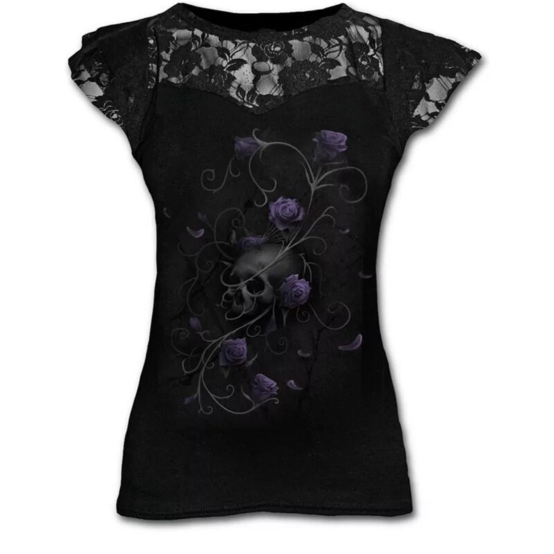 Gothic women's black t-shirt with lace details and purple skull graphic design featuring roses.