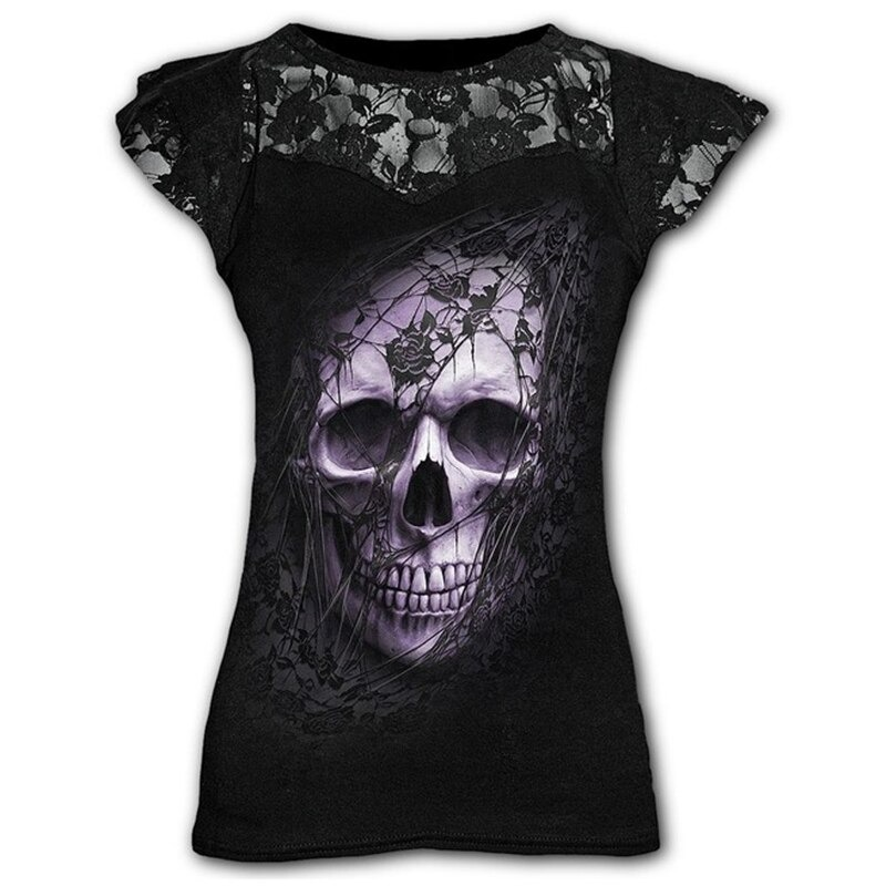 Gothic black T-shirt for women featuring a skull graphic and lace inserts, stylish and edgy punk fashion.