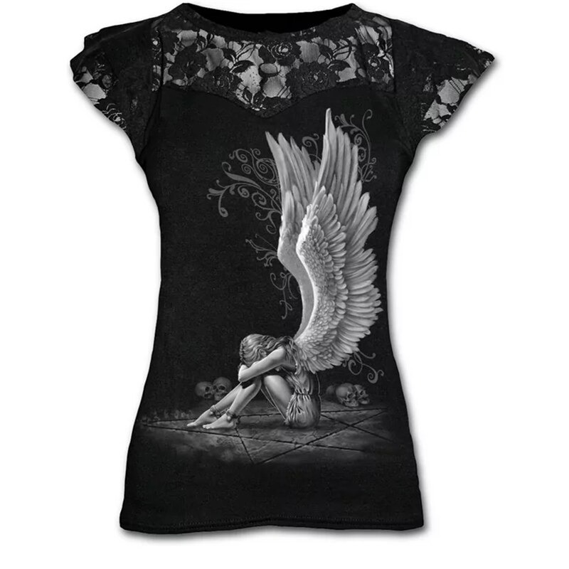 Gothic women’s graphic lace black t-shirt featuring angel design with elegant lace sleeves.