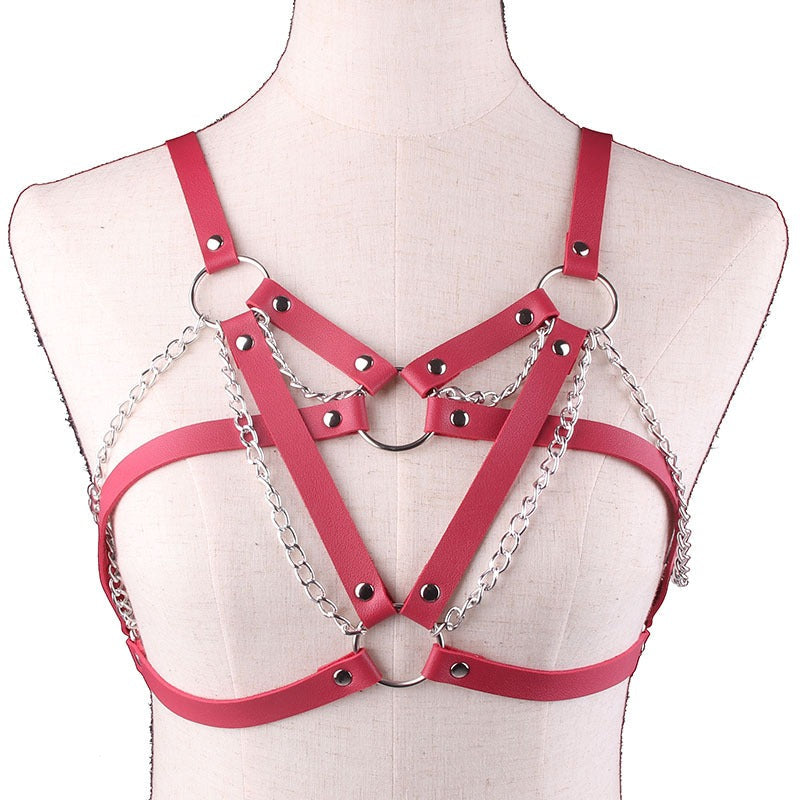 Goth Leather Body Harness with Metal Chain / Women Bra Top Chest Chain Belt / Gothic Witch Accessory - HARD'N'HEAVY