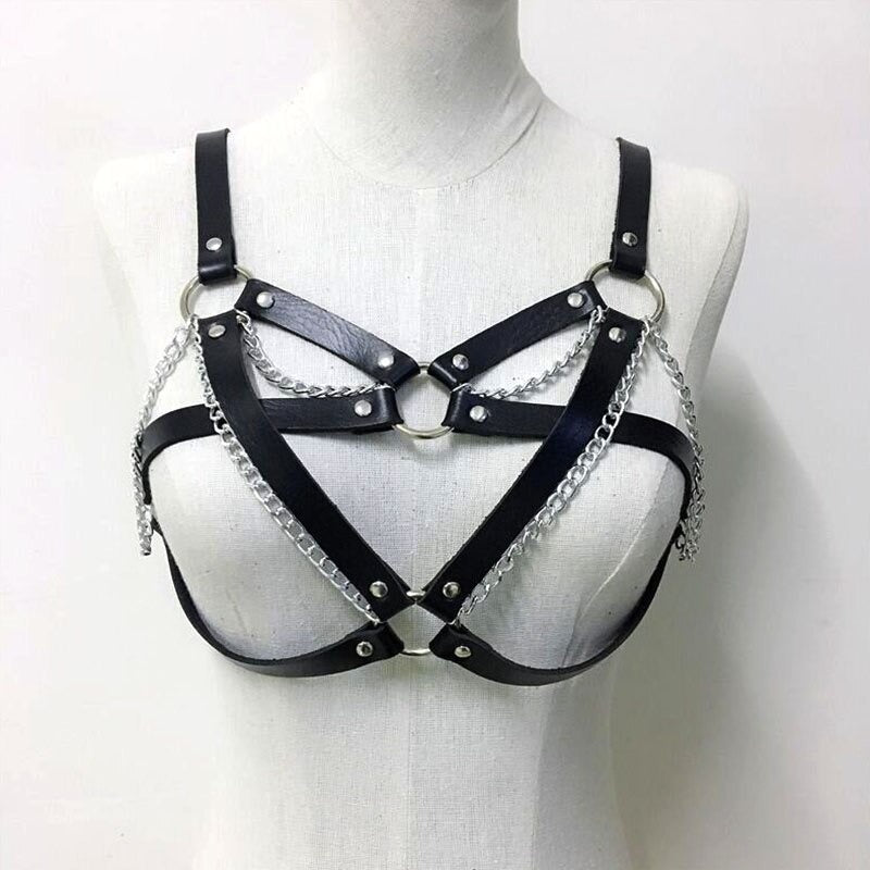 Goth Leather Body Harness with Metal Chain / Women Bra Top Chest Chain Belt / Gothic Witch Accessory - HARD'N'HEAVY