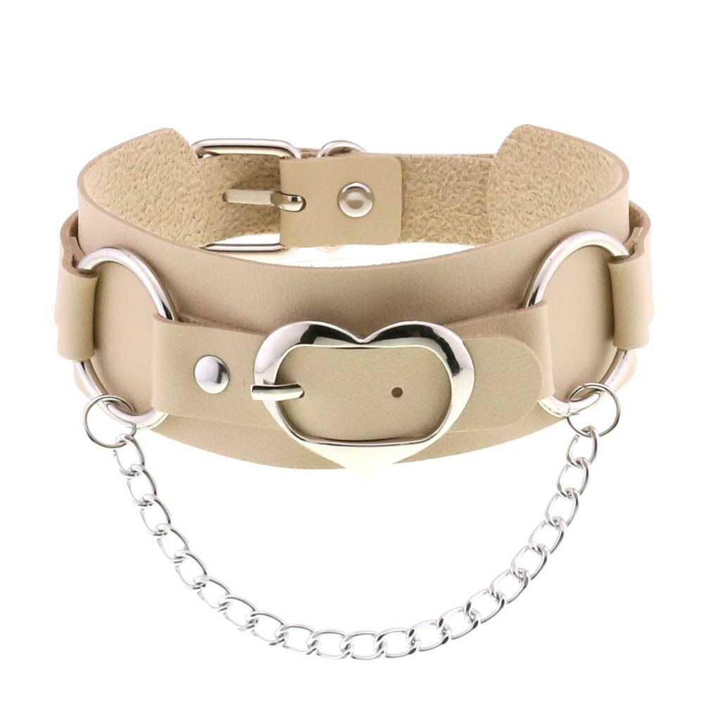 Goth leather heart choker with chain, stylish PU accessory for women, adjustable punk collar in light color.