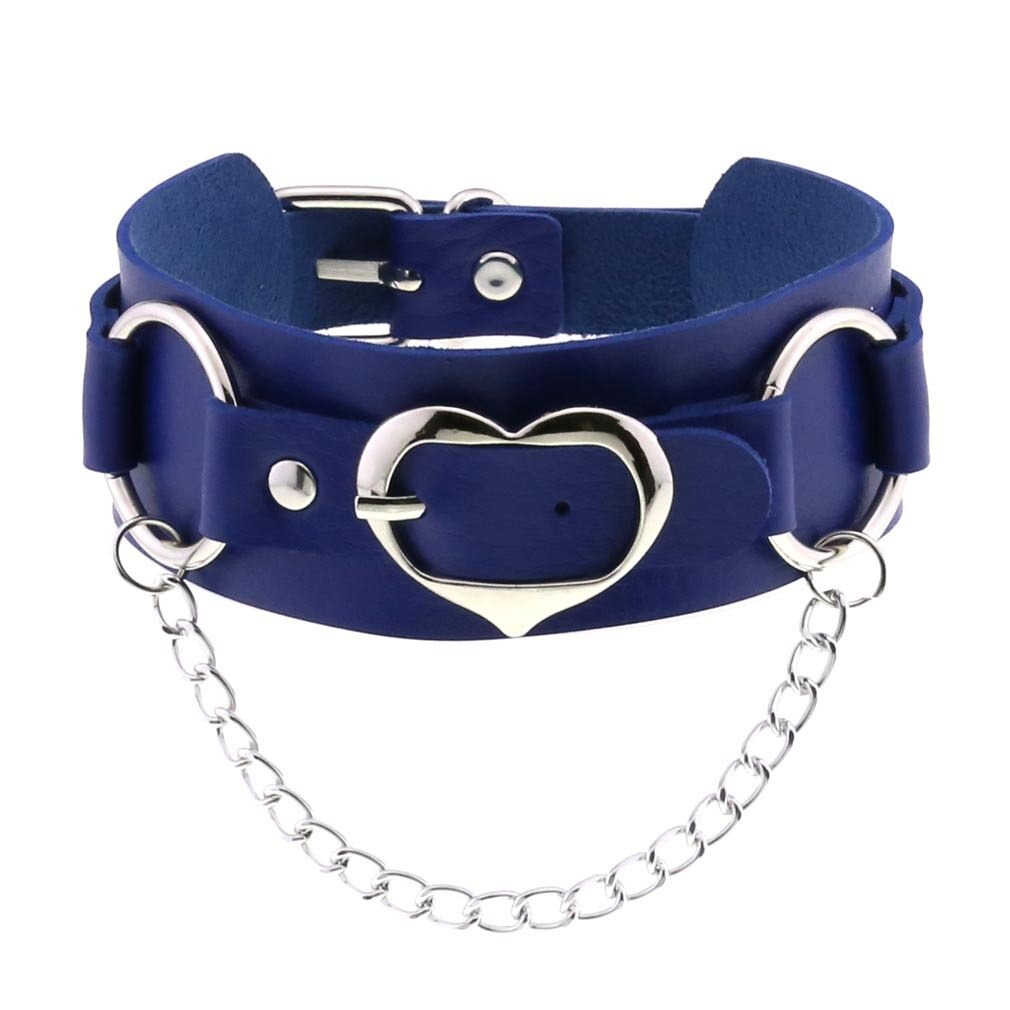 Goth leather heart choker in blue with silver chain and metal heart pendant, stylish adjustable collar for women.