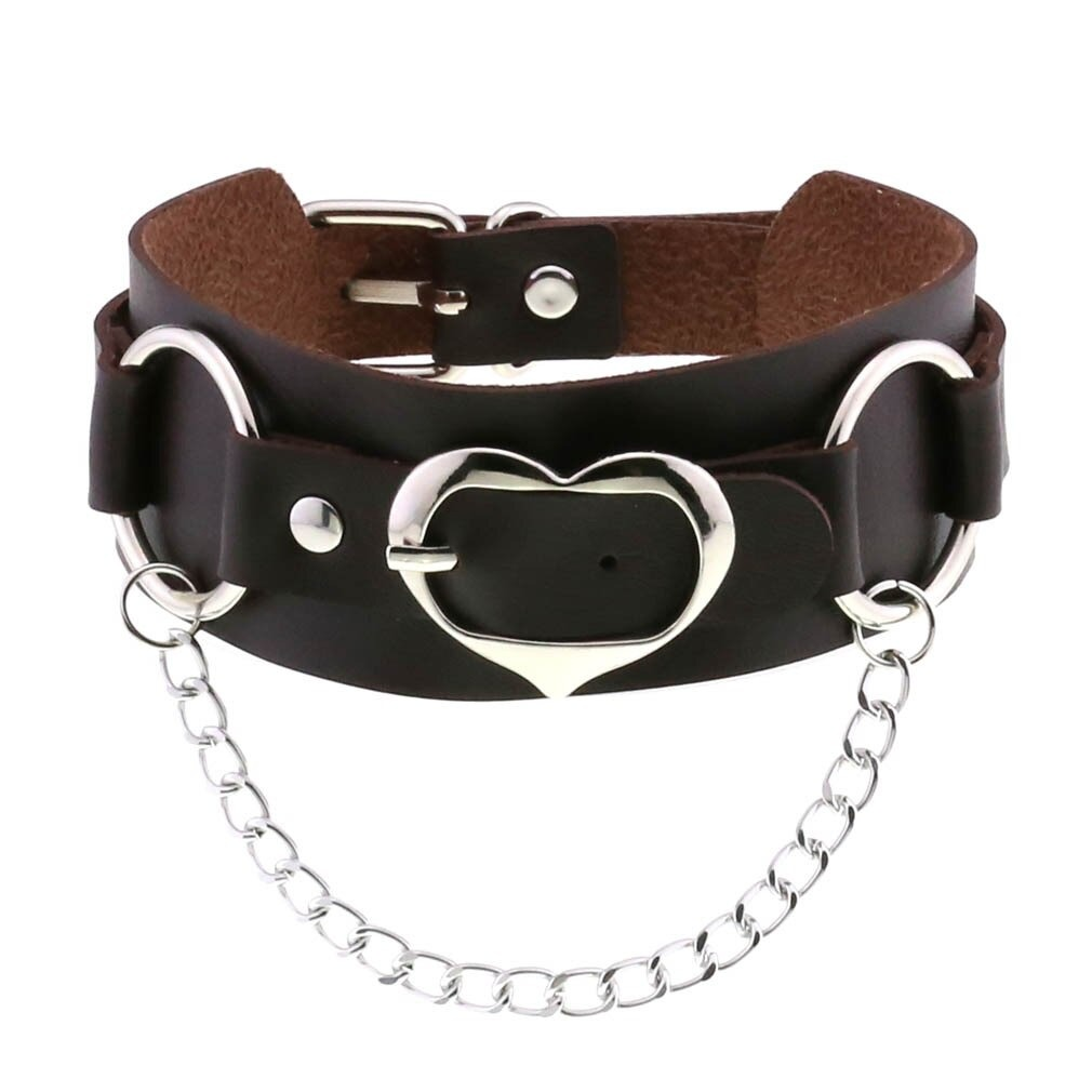 Goth leather heart choker with silver chain, stylish PU leather collar for women, trendy jewelry accessory.