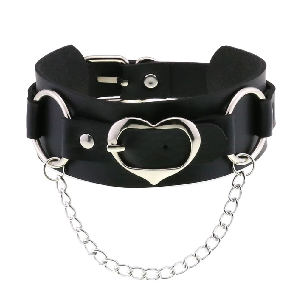Goth leather heart choker with chain, adjustable punk collar for women, stylish gothic jewelry accessory.