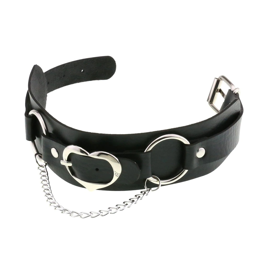 Goth Leather Heart Choker with silver chain, stylish punk collar for women, adjustable with heart pendant.