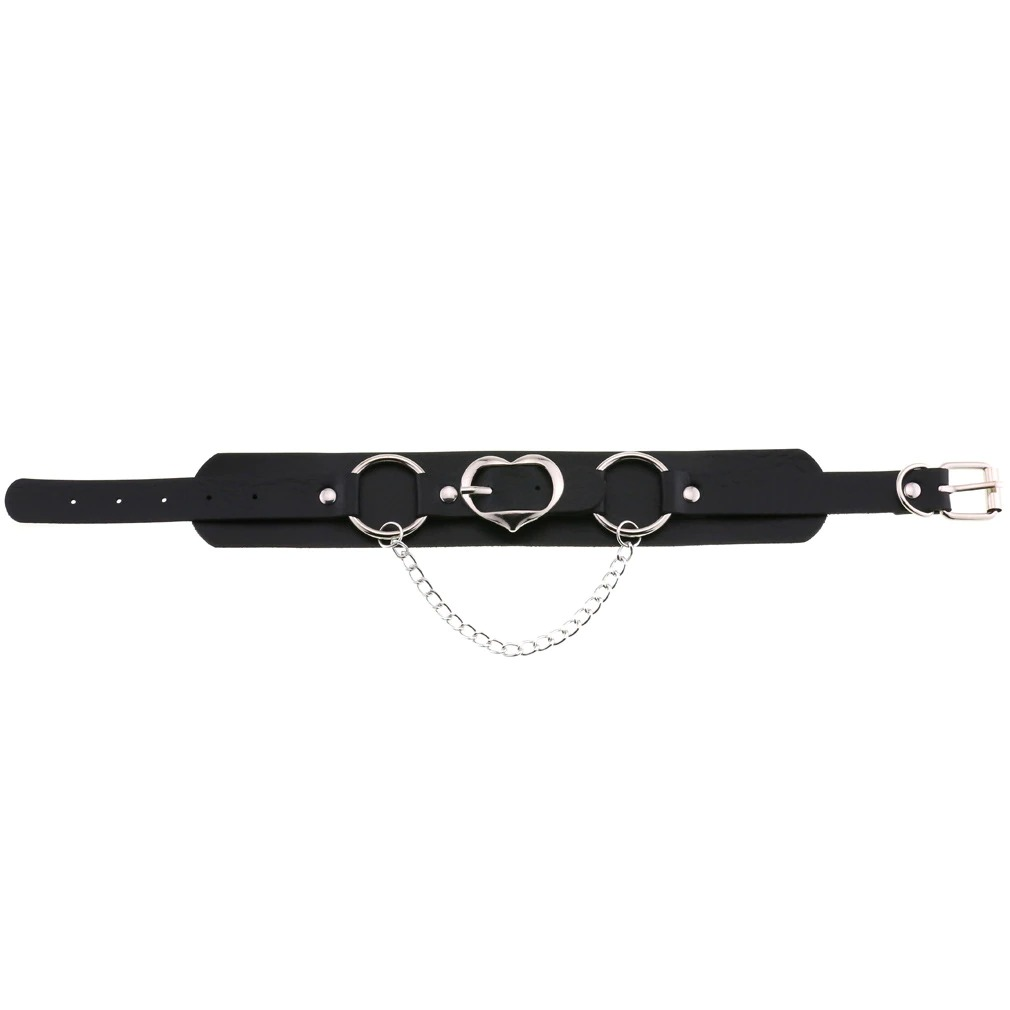 Gothic PU leather heart choker with silver chain and rings, stylish punk collar for women, adjustable and trendy jewelry accessory.