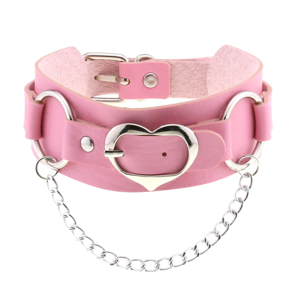 Goth pink leather choker with heart pendant and silver chain, stylish punk accessory for women.