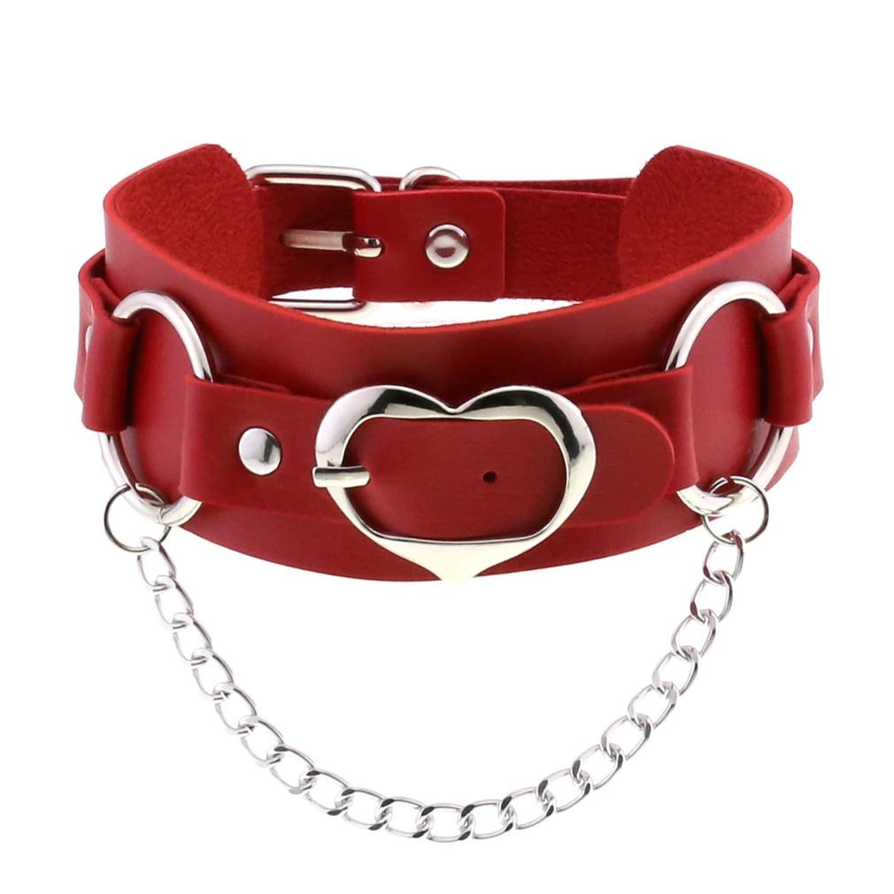 Red goth leather heart choker with silver chain and adjustable buckle, stylish accessory for girls and women.