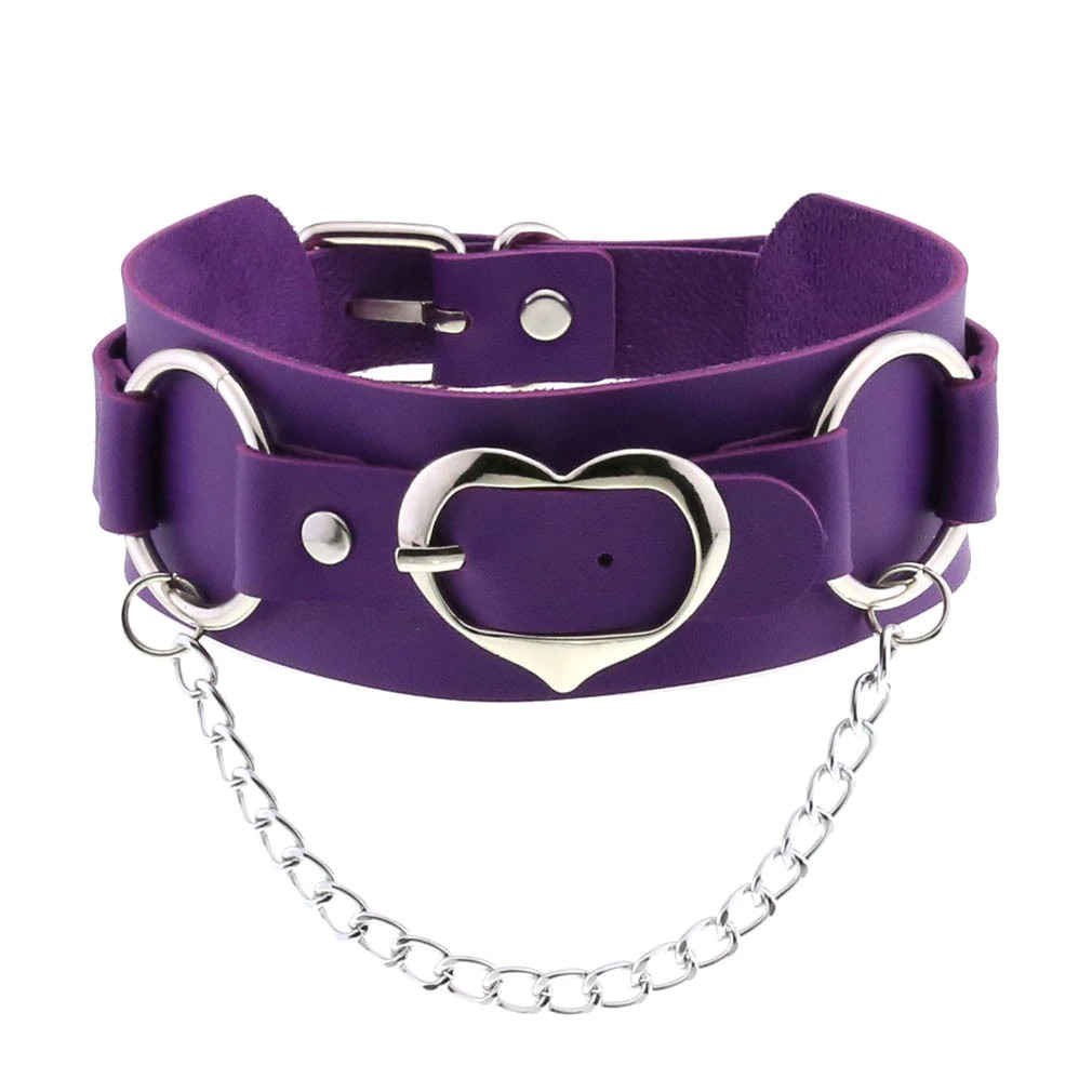 Goth Leather Heart Choker in purple with silver chain, stylish punk collar for girls, adjustable fashion accessory.