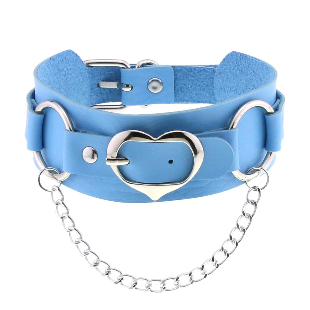 Goth leather heart choker in blue with silver chains, stylish adjustable collar for women, perfect punk accessory.