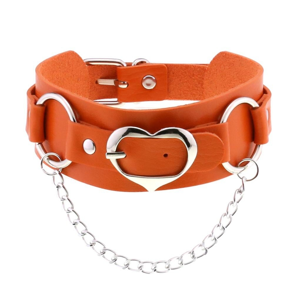 Goth leather heart choker in orange with silver chain, stylish punk adjustable collar for women.