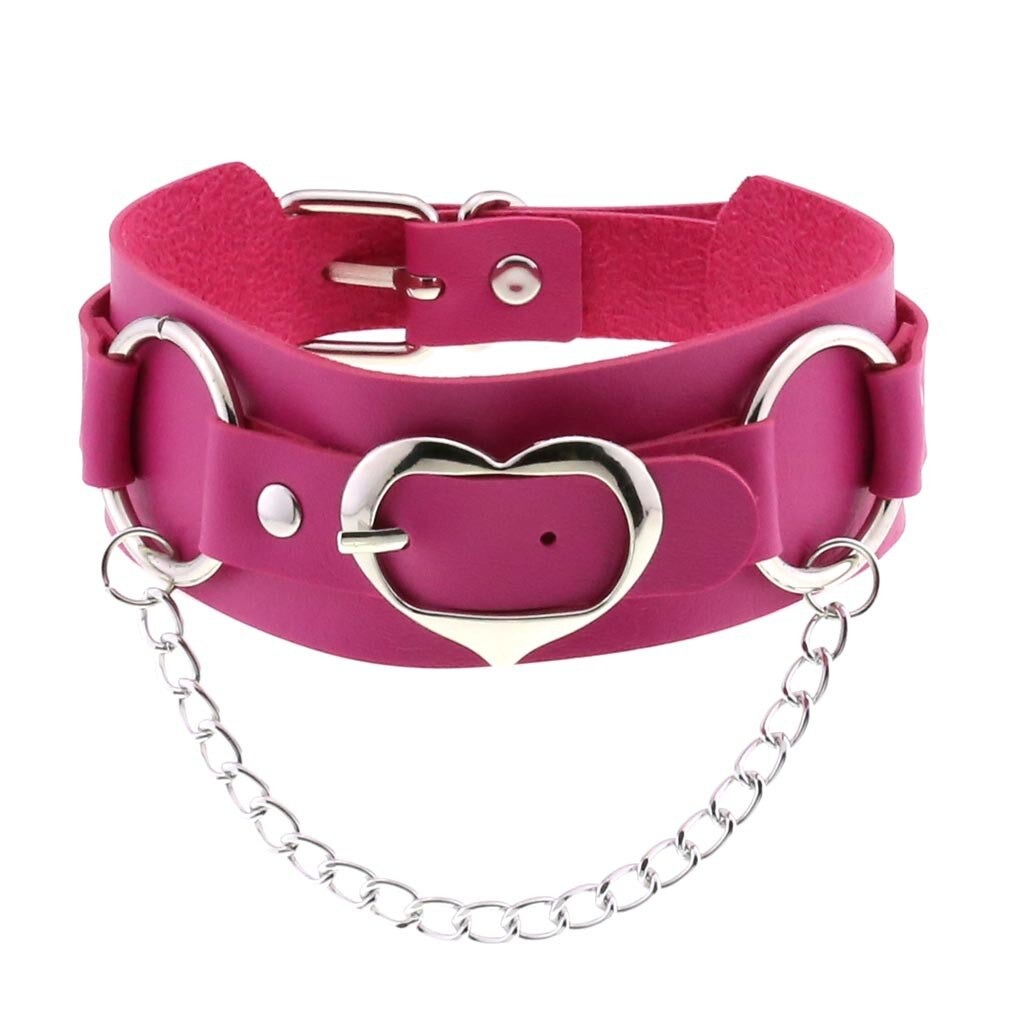 Goth Leather Heart Choker in pink with silver chain, a stylish punk collar accessory for girls.