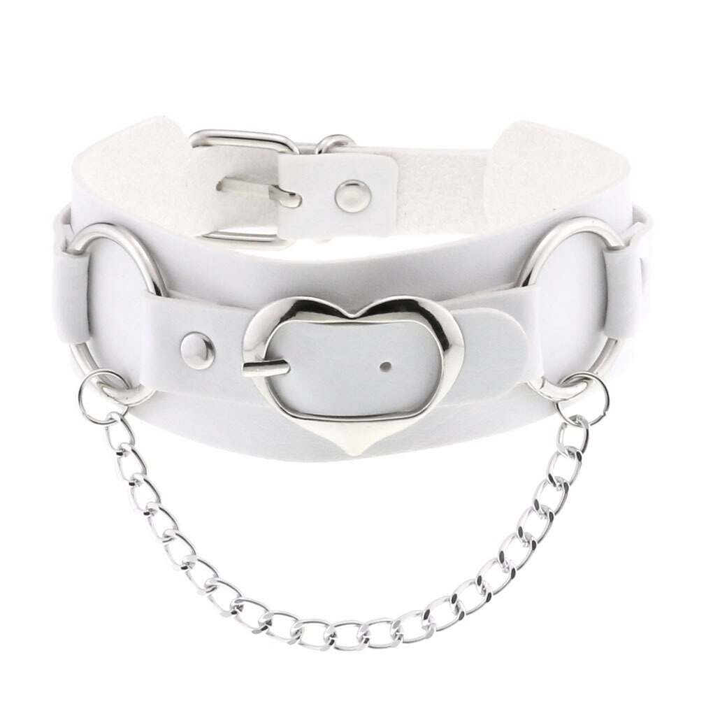 White PU leather gothic heart choker with silver chain, stylish punk jewelry accessory for women.