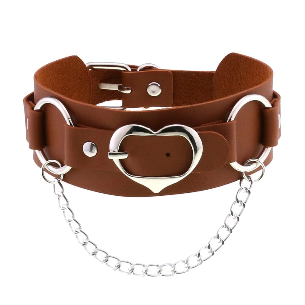 Goth leather heart choker with chain, stylish adjustable collar, perfect accessory for punk fashion lovers.