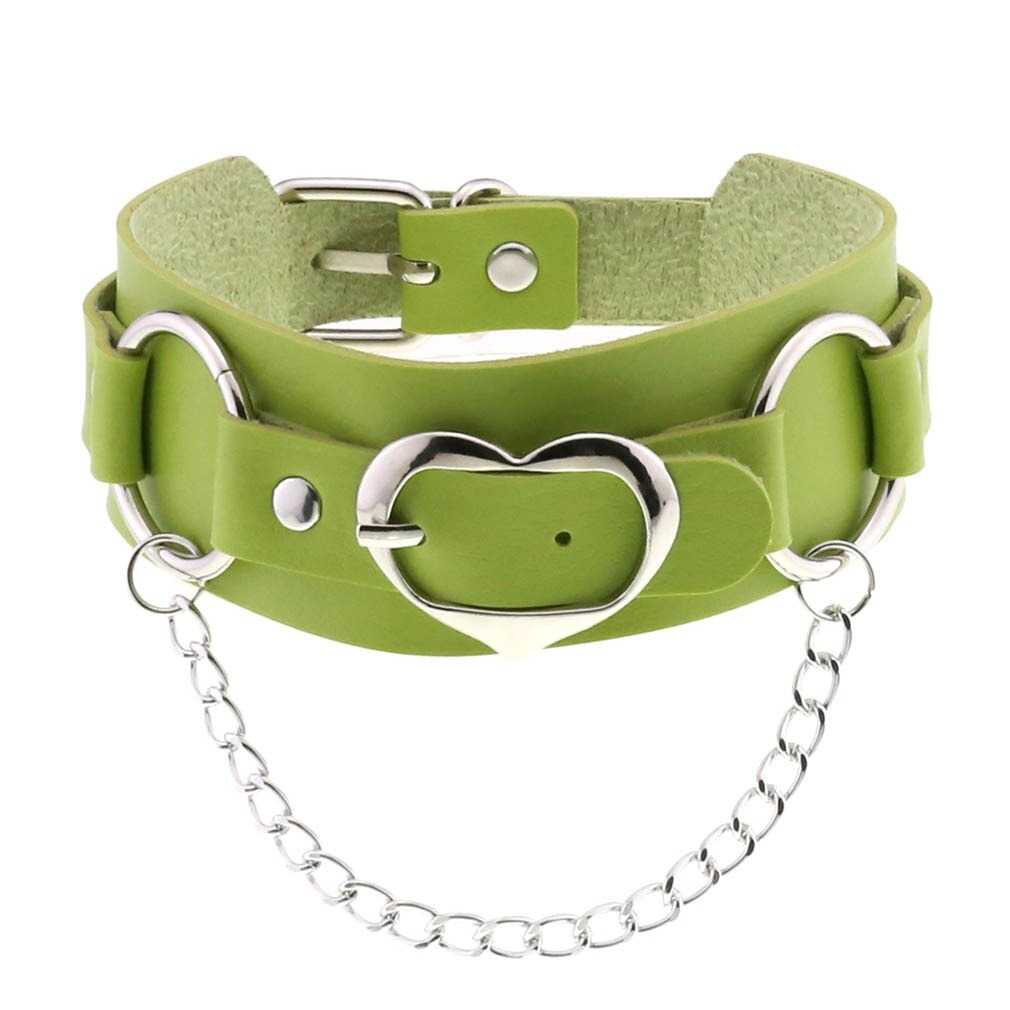 Goth leather heart choker in vibrant green with silver chain, adjustable collar for punk style lovers.