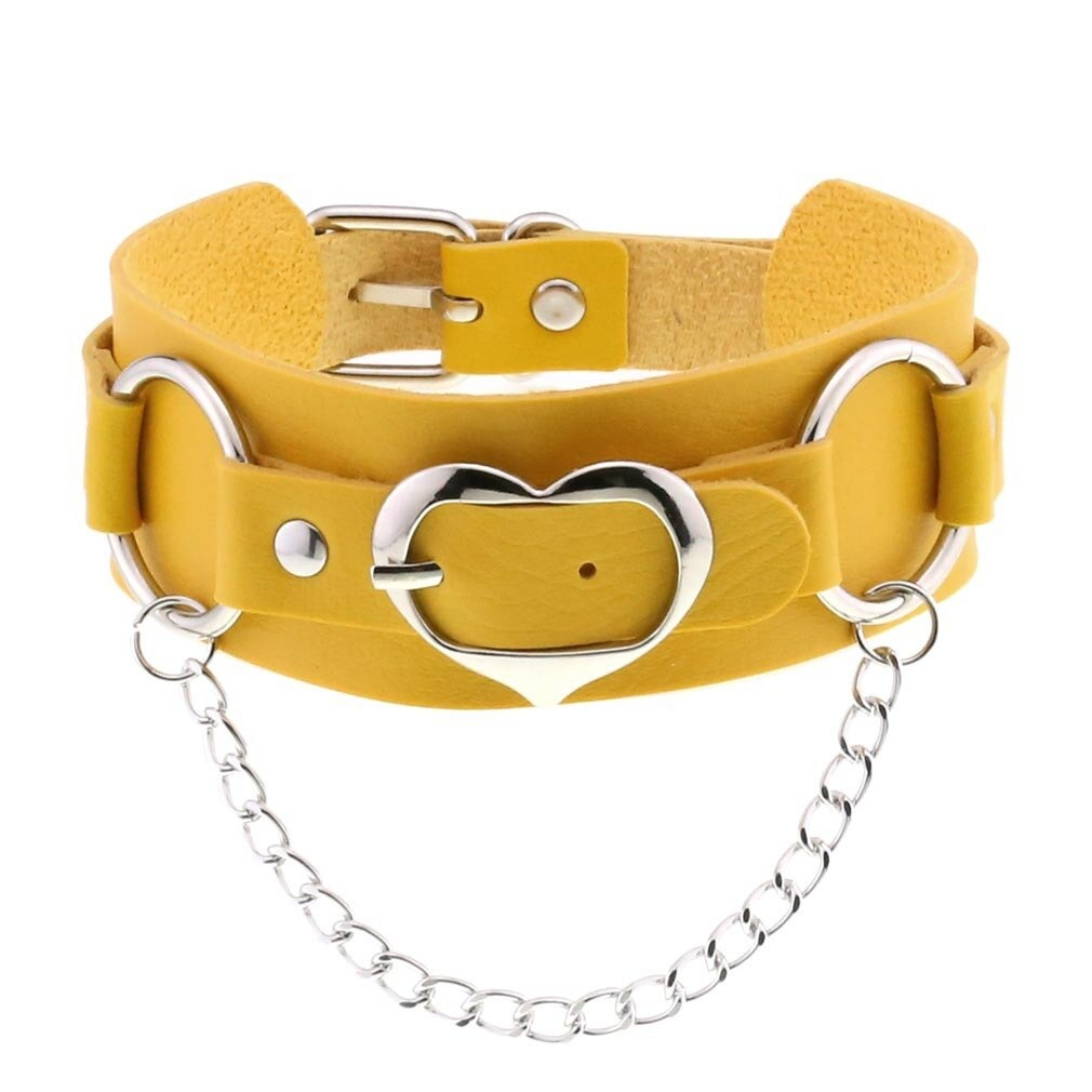 Stylish yellow PU leather choker with heart pendant and chain, perfect gothic accessory for women.
