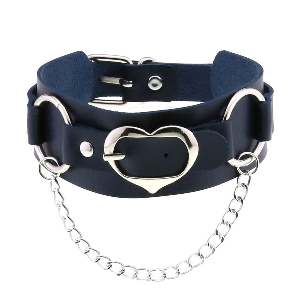 Goth leather choker with heart pendant and silver chain; stylish adjustable collar for women.