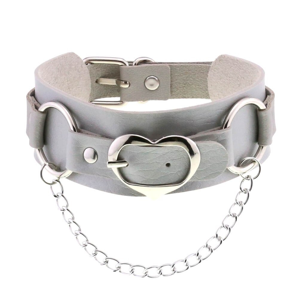 Goth leather heart choker in gray with silver chain and heart pendant, perfect punk collar accessory for women.