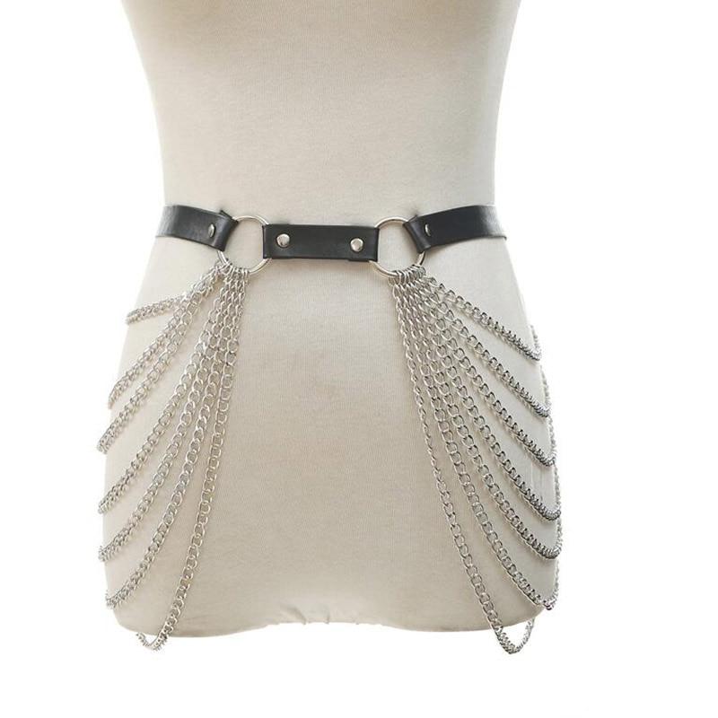 Goth leather chain body harness belt with adjustable metal chains for punk and goth style outfits.