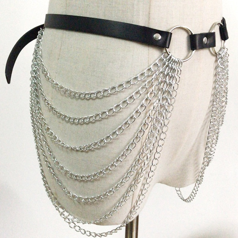 Goth Leather Women Chain Belt / Black Waist Strap Body Chain / Adjustable Body Harness Belts - HARD'N'HEAVY