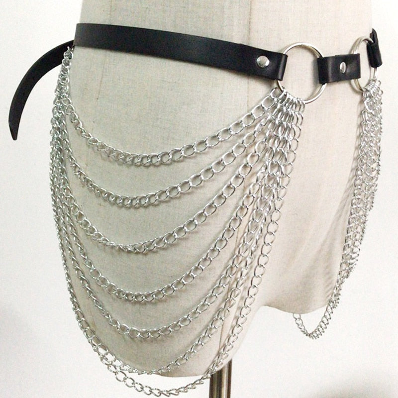 Goth leather waist chain harness belt with silver metal chains for alternative fashion and punk style.