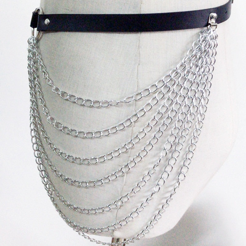 Goth leather chain body harness belt with adjustable strap, perfect for concerts, parties, or edgy everyday outfits.