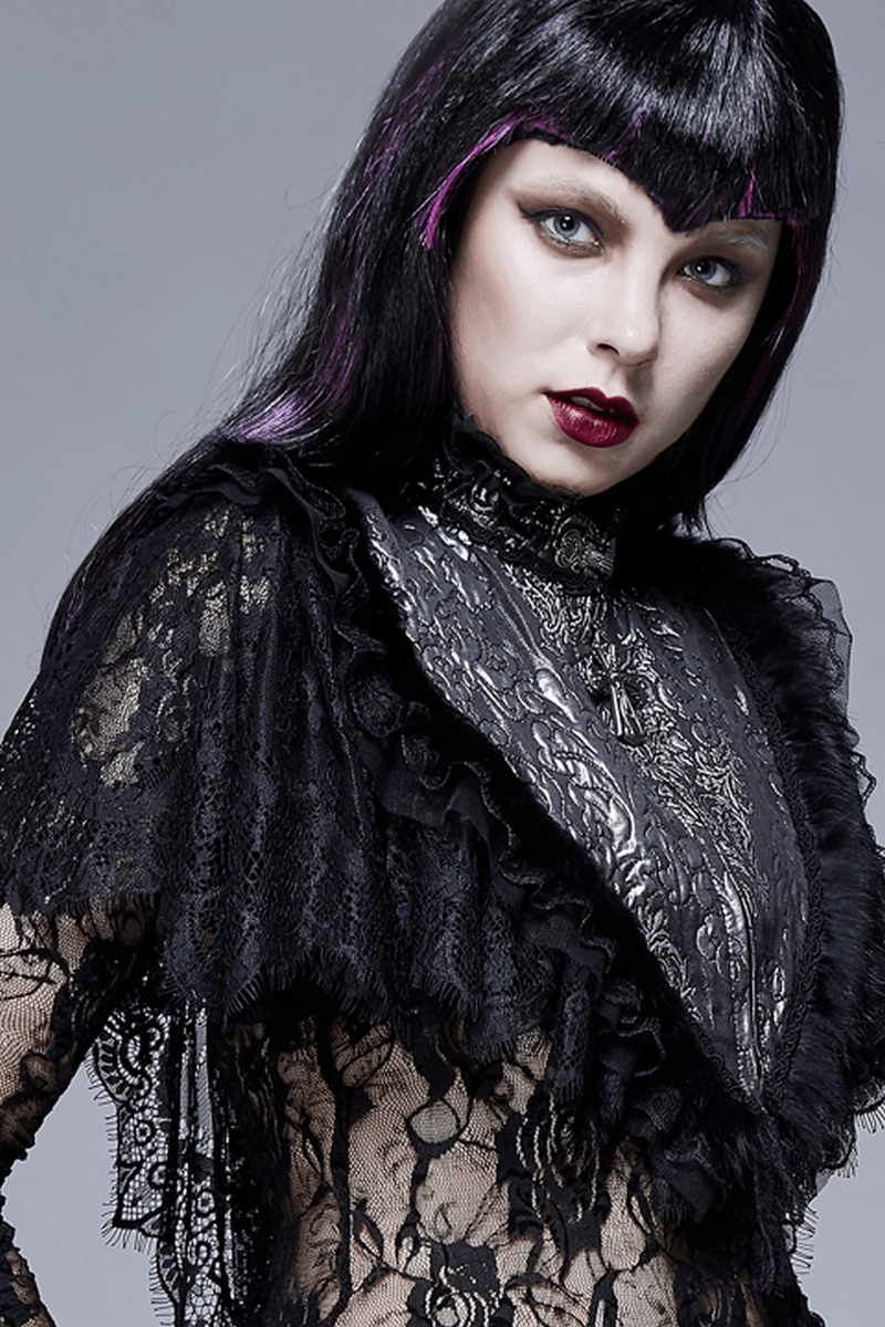 Goth Multilayer Lace Cape for Women / Vintage High Neck Zipper Short Shawl - HARD'N'HEAVY