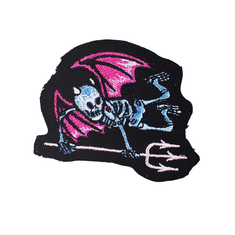 Goth patch featuring a colorful skeleton with wings and forks, perfect for adding a stylish touch to clothing.