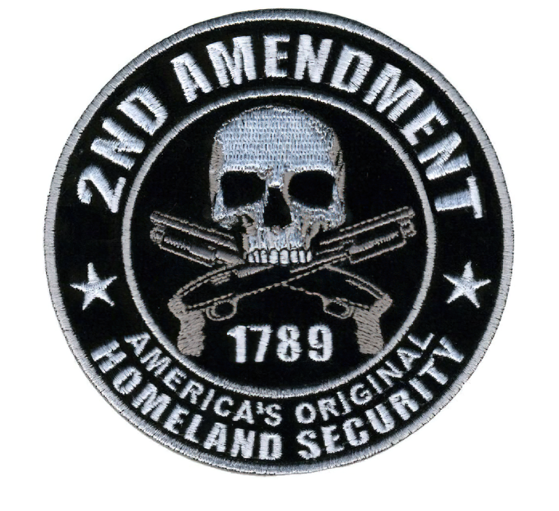Goth skull patch with crossed guns, 2nd Amendment design, stylish rock fashion accessory for clothing.