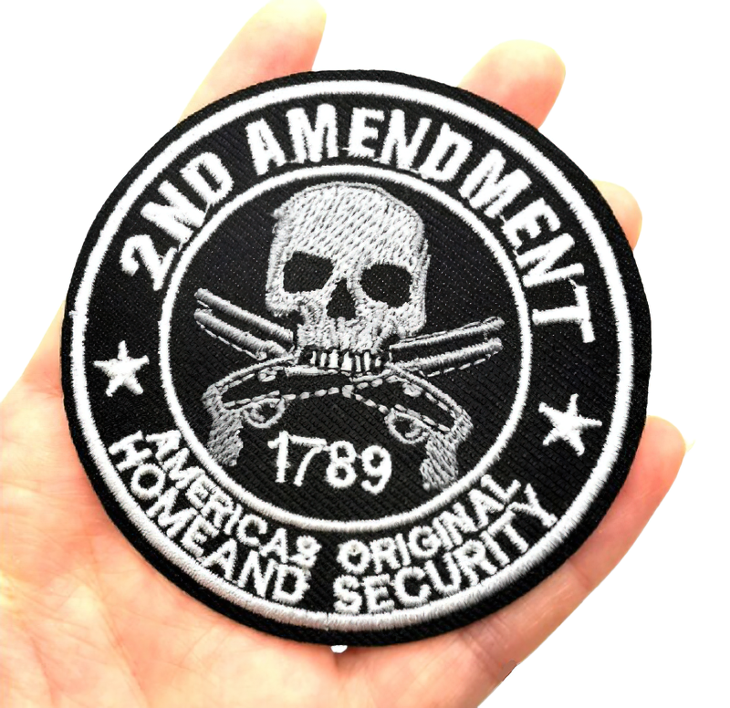Embroidered 2nd Amendment patch featuring skull with crossed weapons, perfect for rock style clothing.