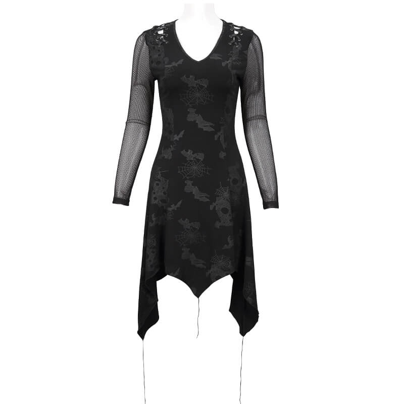 Goth Punk Drawstring Decoration V-neck Printed Asymmetrical Dress - HARD'N'HEAVY