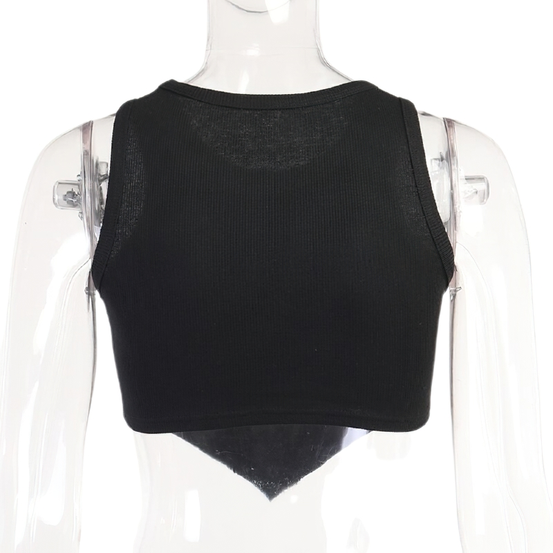 Back view of a black Gothic round neck asymmetrical sleeveless cropped tank top for women.