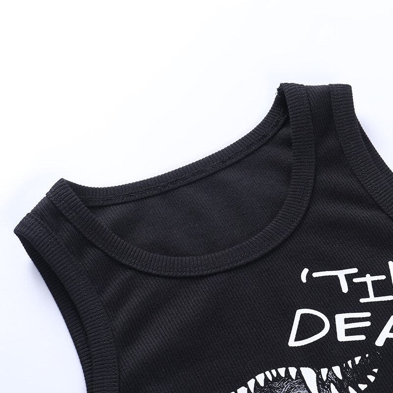 Close-up of gothic women's asymmetrical tank top showcasing the round neck and stylish print.