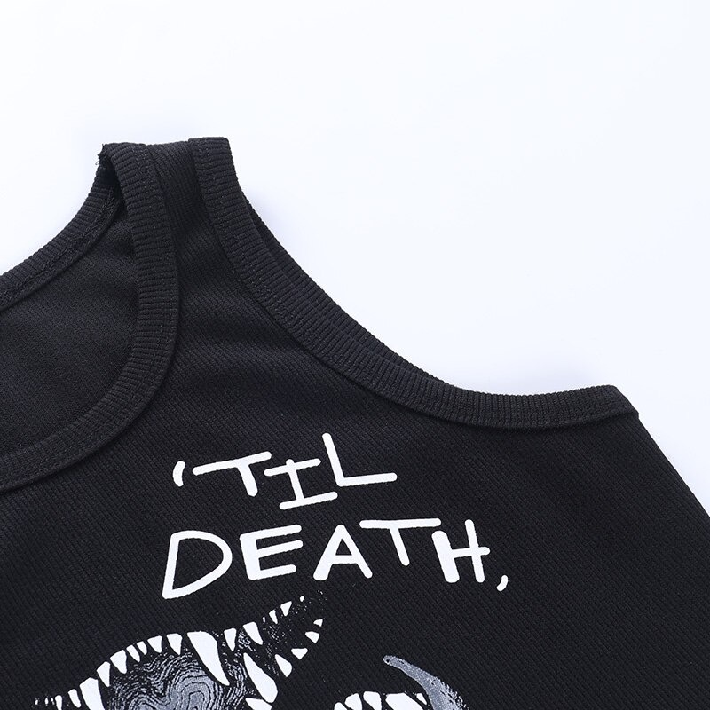 Close-up of black goth tank top with asymmetrical cut and 'Til Death' graphic print for women's gothic style fashion.