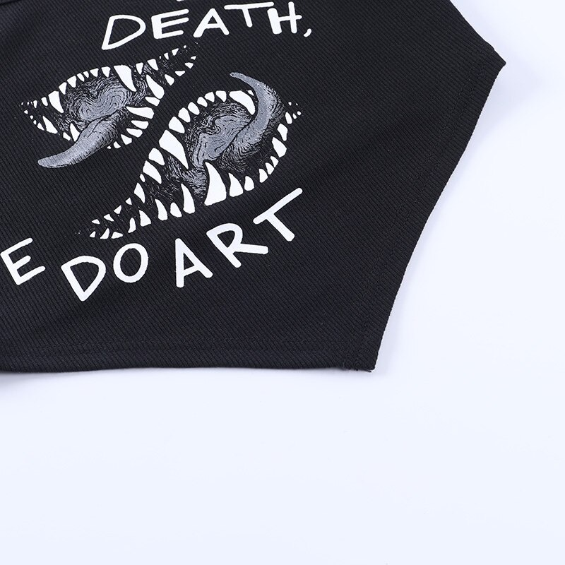 Gothic sleeveless cropped tank top with unique asymmetrical cut and bold 'Death, We Do Art' graphic print.