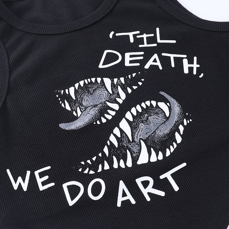 'Til Death, We Do Art gothic print on black asymmetrical tank top for women, perfect for stylish gothic fashion.