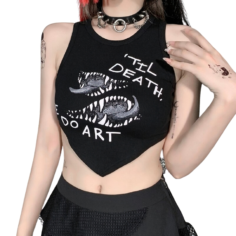 Women's gothic asymmetrical crop top with bold graphic print, perfect for a stylish edgy look.