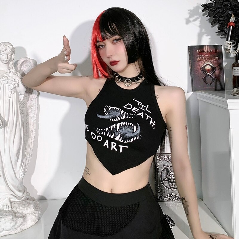 Gothic asymmetrical cropped tank top featuring a striking graphic print and edgy style, perfect for alternative fashion lovers.