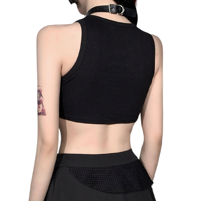 Stylish woman's gothic asymmetrical black sleeveless cropped tank top from the back with tattoo and choker.