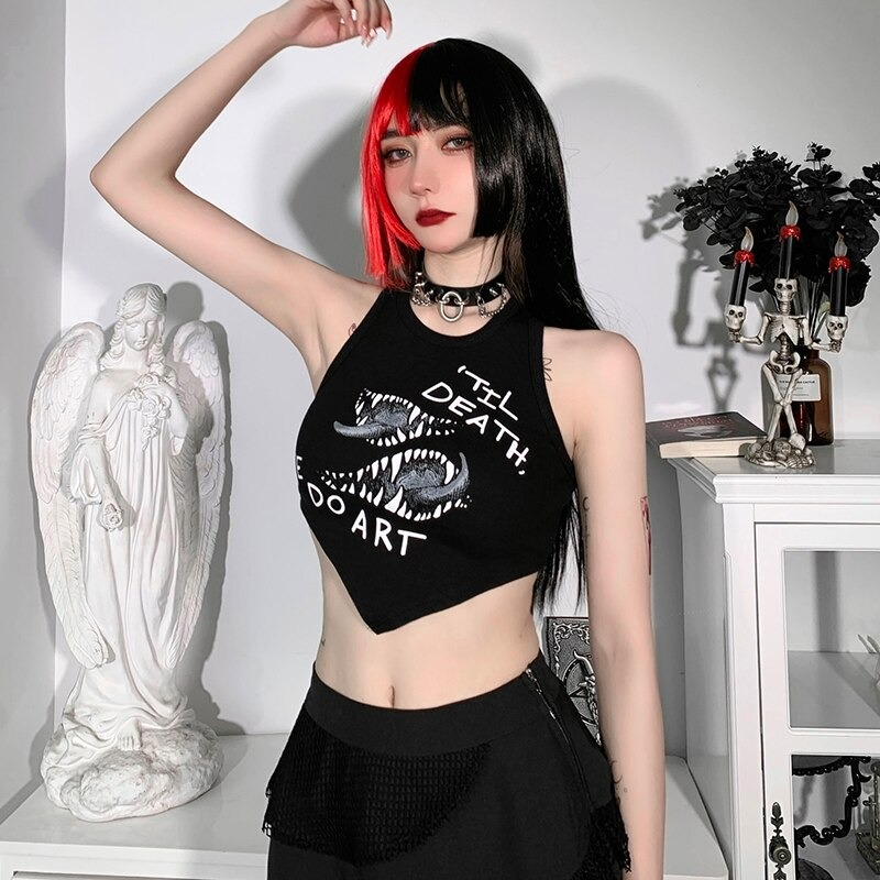 Gothic women's asymmetrical cropped tank top with striking print, perfect for stylish alternatives in dark fashion.